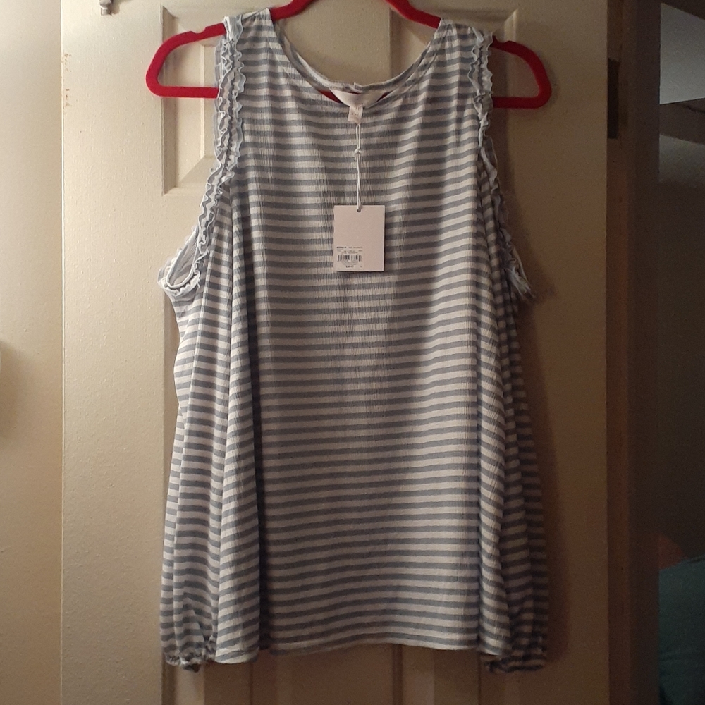 Blue and white, cold shoulder striped blouse